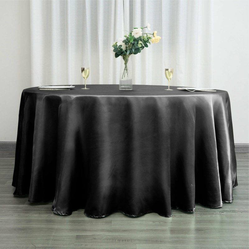 Black Seamless Satin Round Tablecloth 120″ for 5 Foot Table With Floor-Length Drop  |   Satin Satin Black