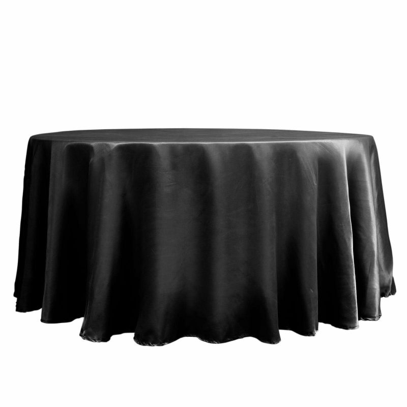 Black Seamless Satin Round Tablecloth 120″ for 5 Foot Table With Floor-Length Drop  |   Satin Satin Black