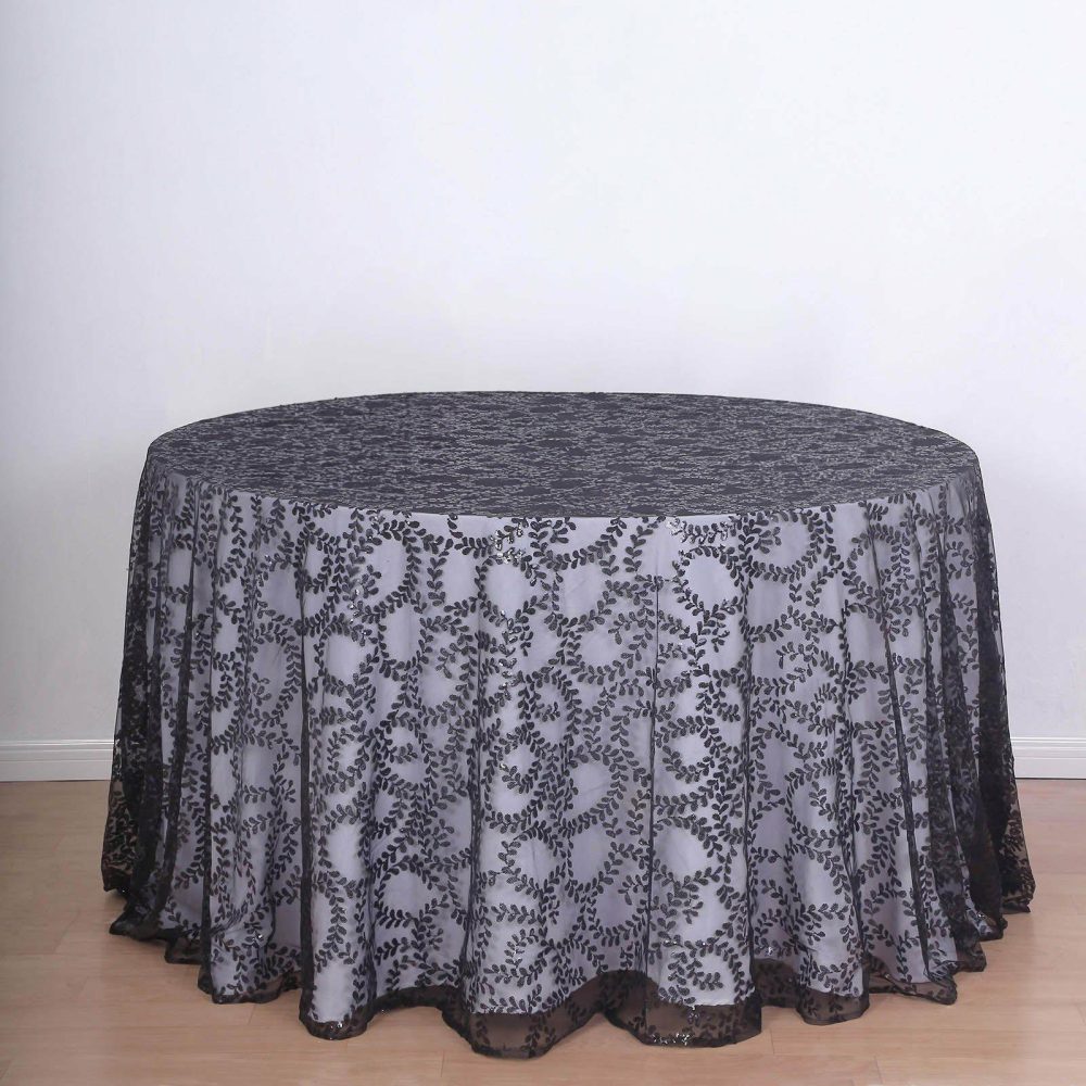 Black Sequin Leaf Embroidered Seamless Tulle Round Tablecloth, Sheer Table Overlay 120″ for 5 Foot Table With Floor-Length Drop  |   Sequin Sequin Black