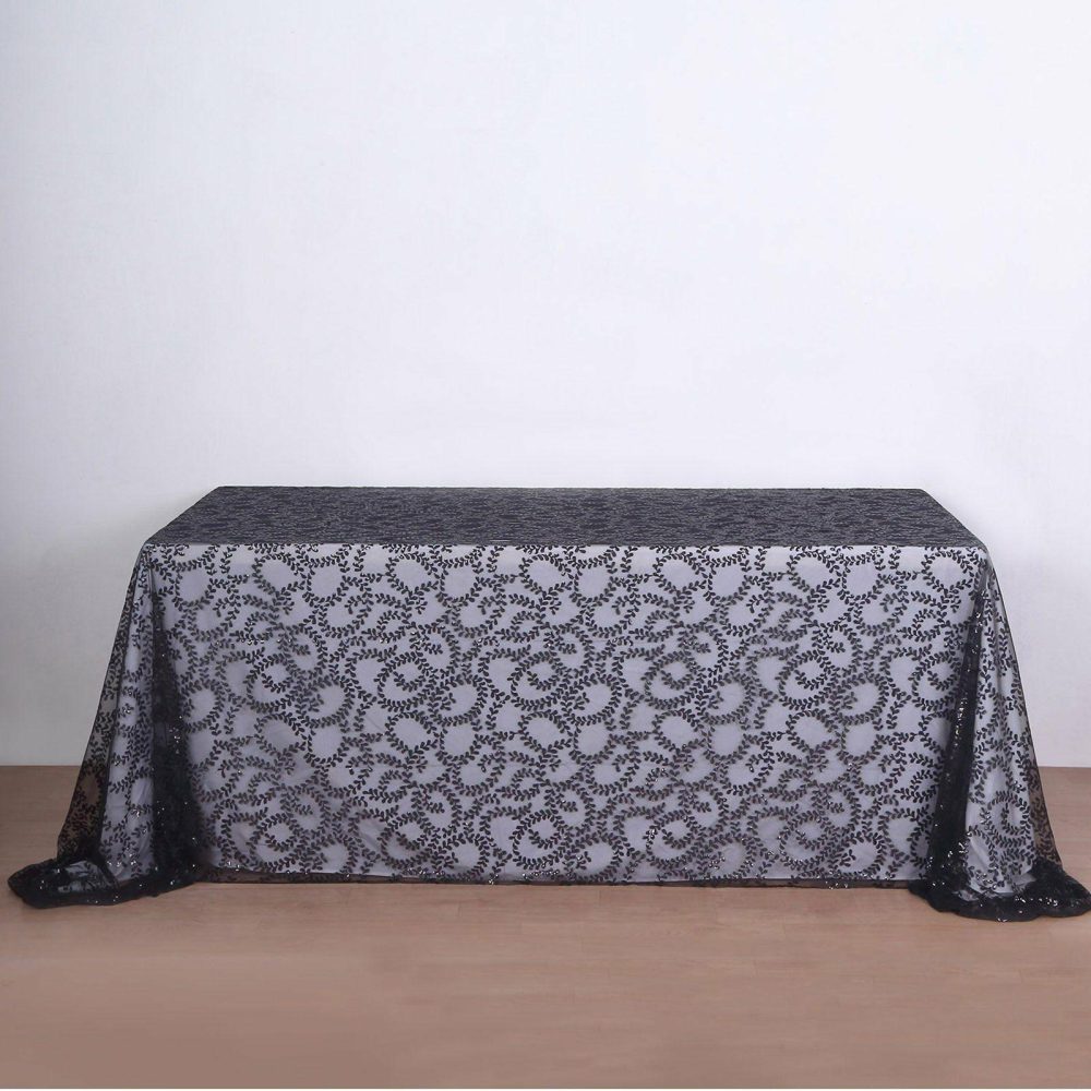 Black Sequin Leaf Embroidered Tulle Rectangular Tablecloth 90″x156″ for 8 Foot Table With Floor-Length Drop  |   Sequin Sequin Black