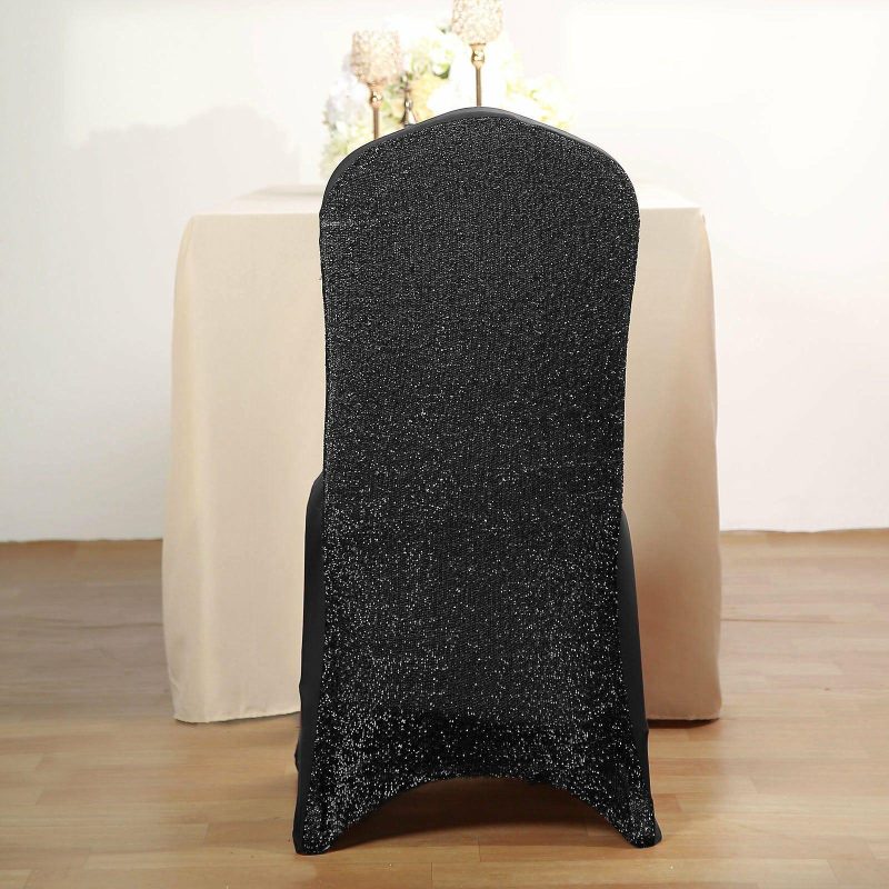 Black Spandex Stretch Banquet Chair Cover, Fitted with Metallic Shimmer Tinsel Back  |   Spandex Fitted Banquet Chair Covers Black