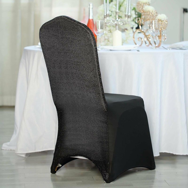 Black Spandex Stretch Banquet Chair Cover, Fitted with Metallic Shimmer Tinsel Back  |   Spandex Fitted Banquet Chair Covers Black