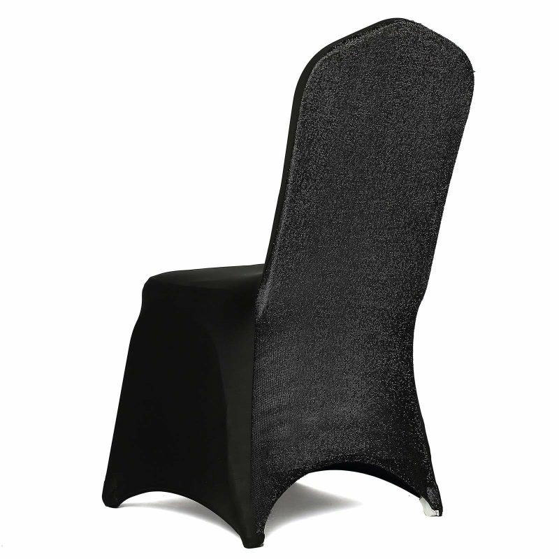 Black Spandex Stretch Banquet Chair Cover, Fitted with Metallic Shimmer Tinsel Back  |   Spandex Fitted Banquet Chair Covers Black