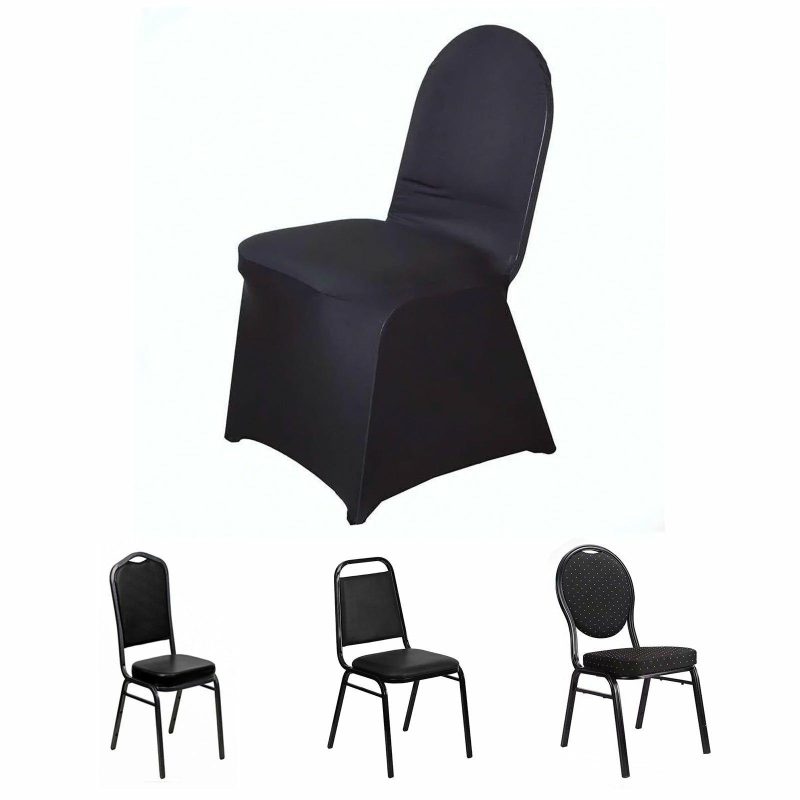 Black Spandex Stretch Fitted Banquet Slip On Chair Cover 160 GSM  |   Spandex Fitted Banquet Chair Covers Black