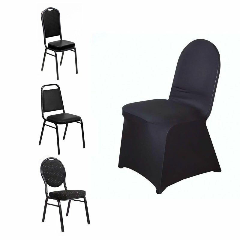 Black Spandex Stretch Fitted Banquet Slip On Chair Cover 160 GSM  |   Spandex Fitted Banquet Chair Covers Black