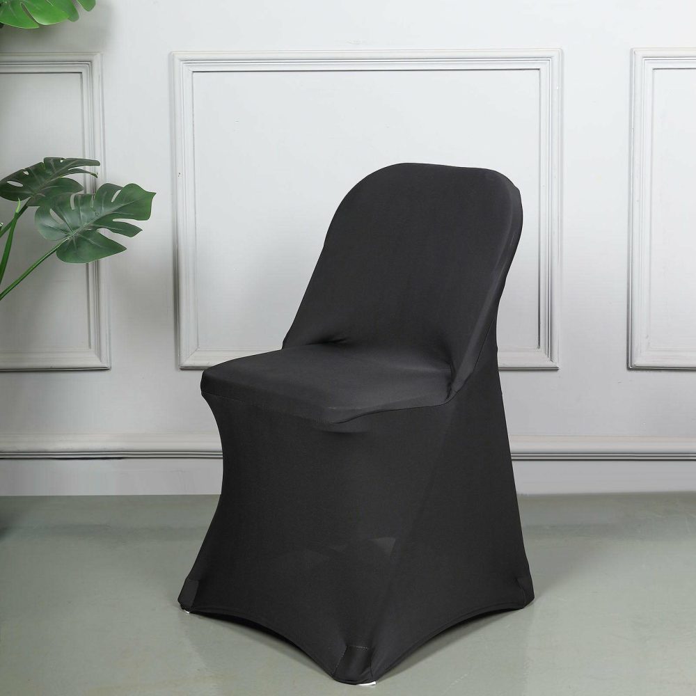 Black Spandex Stretch Fitted Folding Slip On Chair Cover 160 GSM  |   Spandex Fitted Folding Chair Covers Black