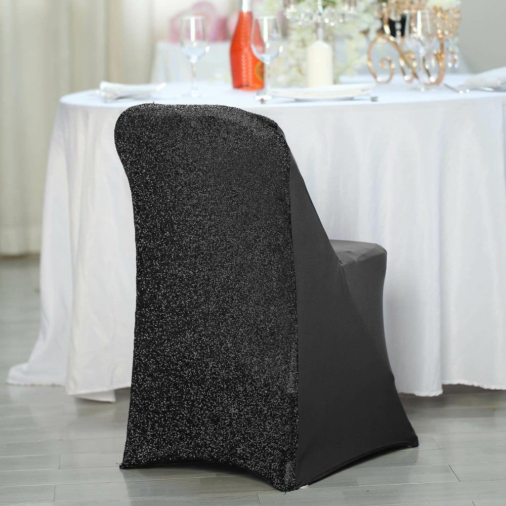 Black Spandex Stretch Folding Chair Cover, Fitted Chair Cover with Metallic Shimmer Tinsel Back  |   Spandex Fitted Folding Chair Covers Black