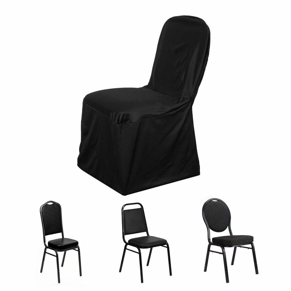 Black Stretch Slim Fit Scuba Chair Covers, Wrinkle Free Durable Slip On Chair Covers  |   Polyester & Satin Banquet Chair Covers Black