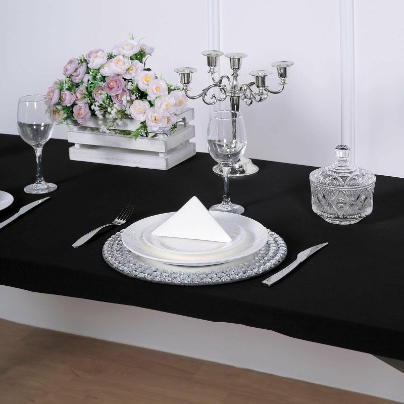 Black Stretch Spandex Banquet Tablecloth Top Cover 6ft Wrinkle Free Fitted Table Cover for 72″x30″ Tables  |   Spandex & Fitted Spandex & Fitted Black