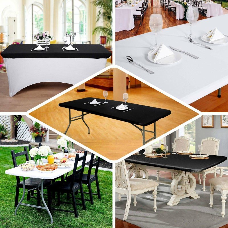 Black Stretch Spandex Banquet Tablecloth Top Cover 6ft Wrinkle Free Fitted Table Cover for 72″x30″ Tables  |   Spandex & Fitted Spandex & Fitted Black