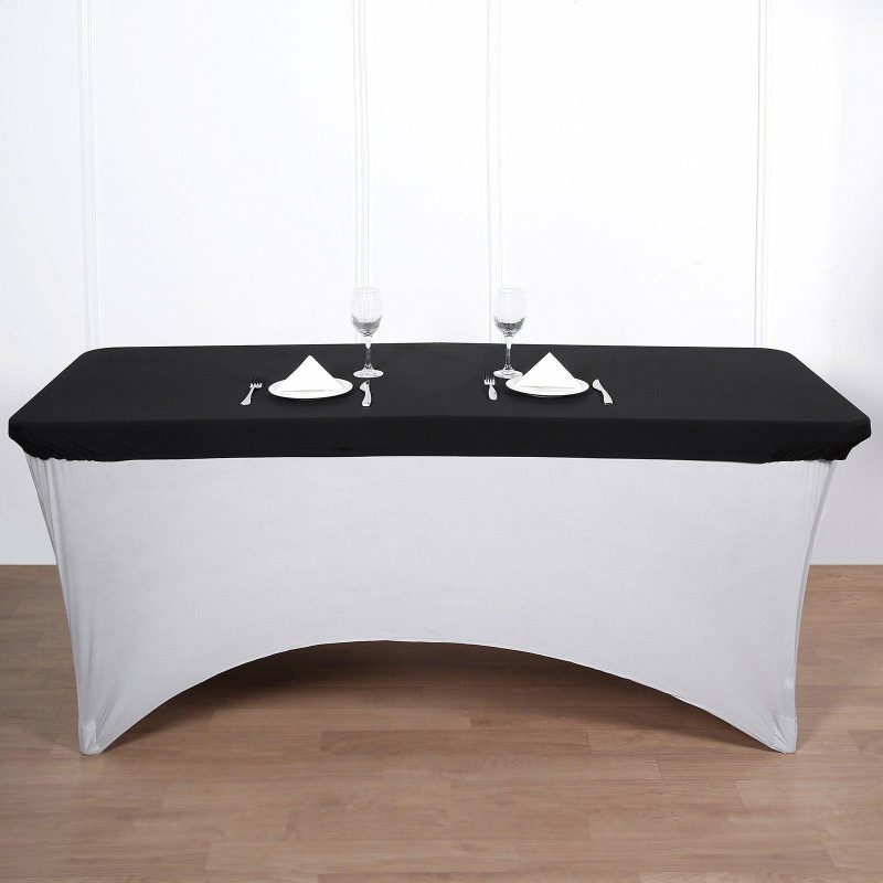 Black Stretch Spandex Banquet Tablecloth Top Cover 6ft Wrinkle Free Fitted Table Cover for 72″x30″ Tables  |   Spandex & Fitted Spandex & Fitted Black