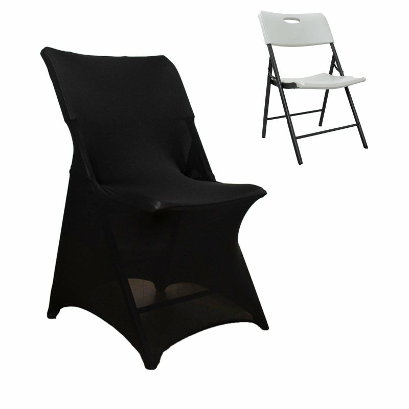 Black Stretch Spandex Lifetime Folding Chair Cover, Fitted Chair Cover With Foot Pockets  |   Spandex Fitted Folding Chair Covers Black