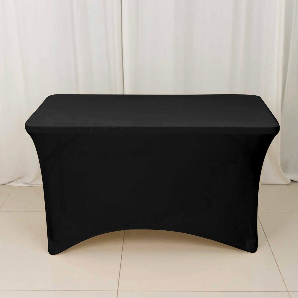 Black Stretch Spandex Rectangle Tablecloth 4ft Wrinkle Free Fitted Table Cover for 48″x30″ Tables  |   Spandex & Fitted Spandex & Fitted Black