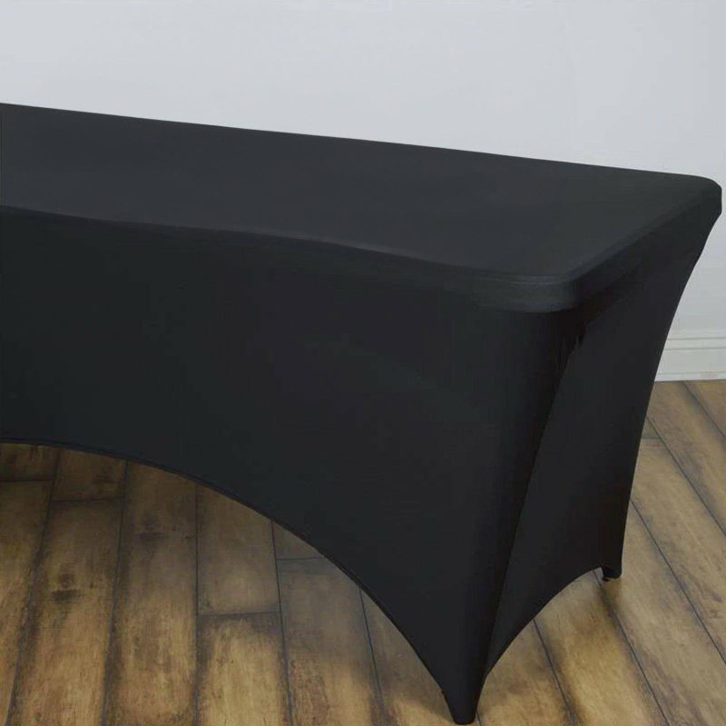 Black Stretch Spandex Rectangle Tablecloth 8ft Wrinkle Free Fitted Table Cover for 96″x30″ Tables  |   Spandex & Fitted Spandex & Fitted Black