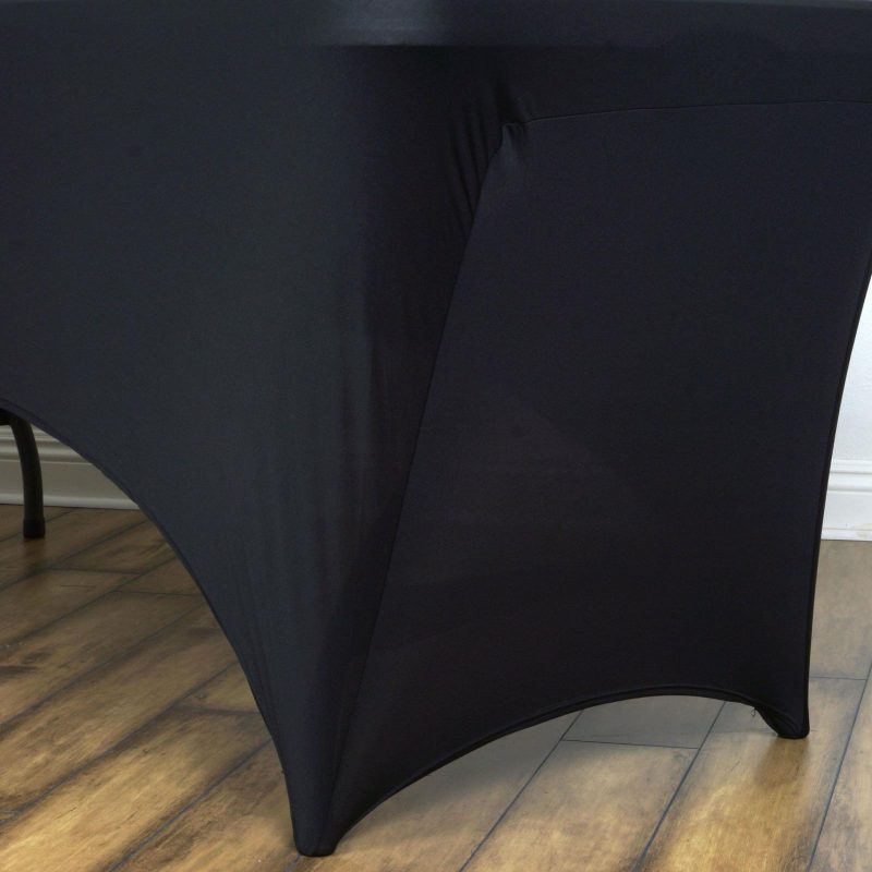 Black Stretch Spandex Rectangle Tablecloth 8ft Wrinkle Free Fitted Table Cover for 96″x30″ Tables  |   Spandex & Fitted Spandex & Fitted Black