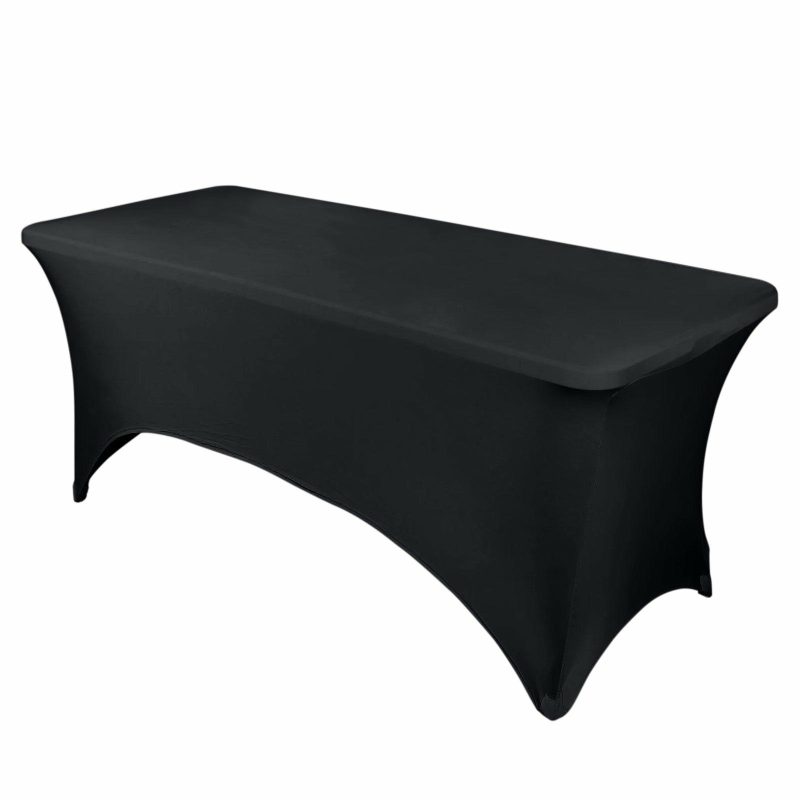 Black Stretch Spandex Rectangle Tablecloth 8ft Wrinkle Free Fitted Table Cover for 96″x30″ Tables  |   Spandex & Fitted Spandex & Fitted Black