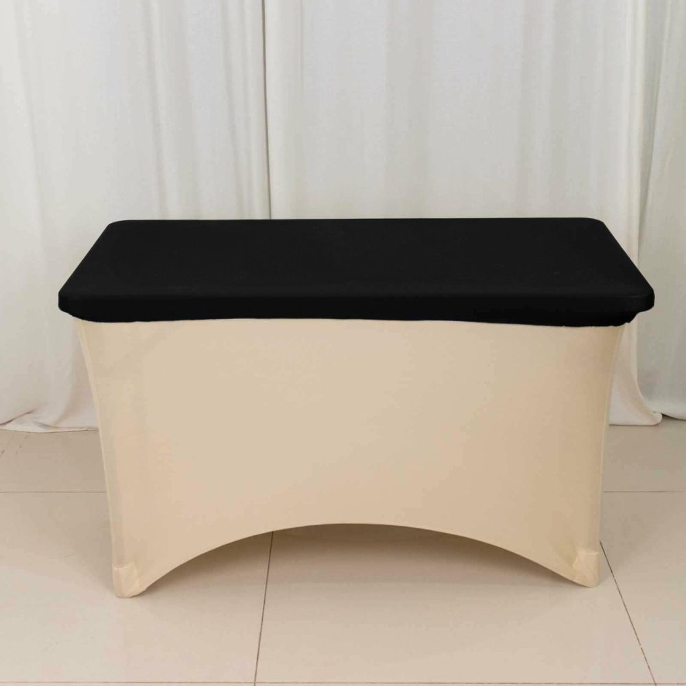 Black Stretch Spandex Rectangle Tablecloth Top Cover 4ft Wrinkle Free Fitted Cover for 48″x30″ Tables  |   Spandex & Fitted Spandex & Fitted Black