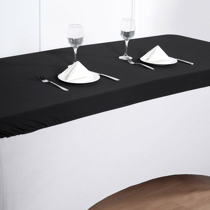 Black Stretch Spandex Rectangle Tablecloth Top Cover 8ft Wrinkle Free Fitted Cover for 96″x30″ Tables  |   Spandex & Fitted Spandex & Fitted Black