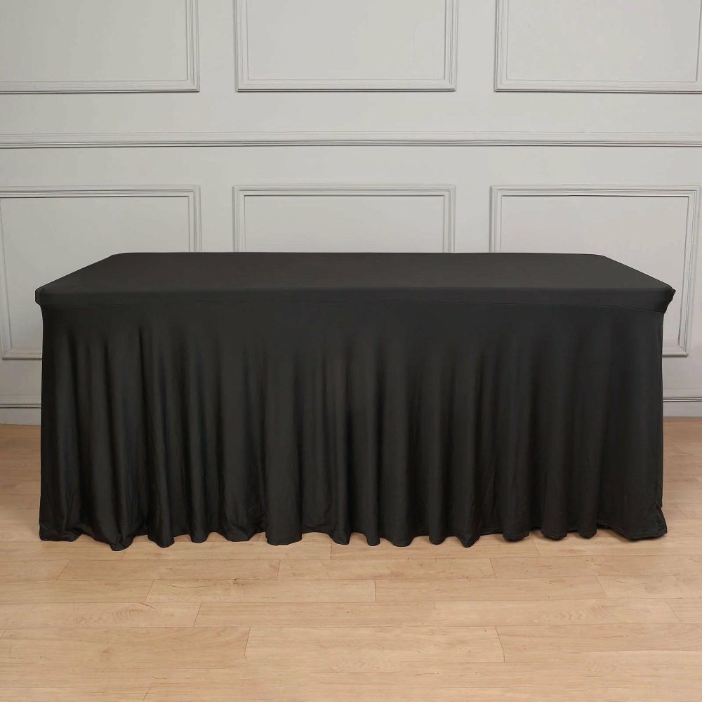 Black Wavy Spandex Fitted Rectangle 1-Piece Tablecloth Table Skirt 6ft, Stretchy Table Skirt Cover with Ruffles For 72″x30″ Tables  |   Spandex & Fitted Spandex & Fitted Black