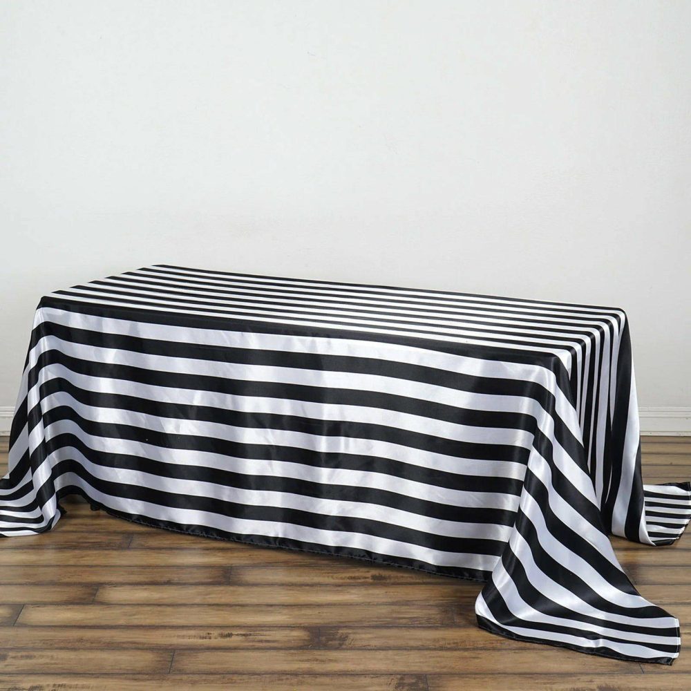 Black / White Seamless Stripe Satin Rectangle Tablecloth 90″x132″ for 6 Foot Table With Floor-Length Drop  |   Satin Satin Black