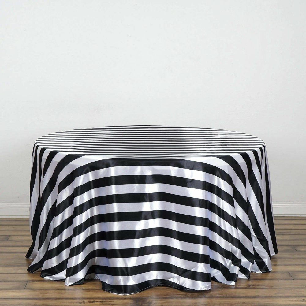 Black / White Seamless Stripe Satin Round Tablecloth 120″ for 5 Foot Table With Floor-Length Drop  |   Satin Satin Black