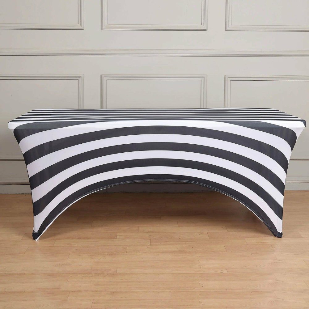 Black White Striped Stretch Spandex Rectangle Tablecloth 8ft Wrinkle Free Fitted Table Cover for 96″x30″ Tables  |   Spandex & Fitted Spandex & Fitted Black/White