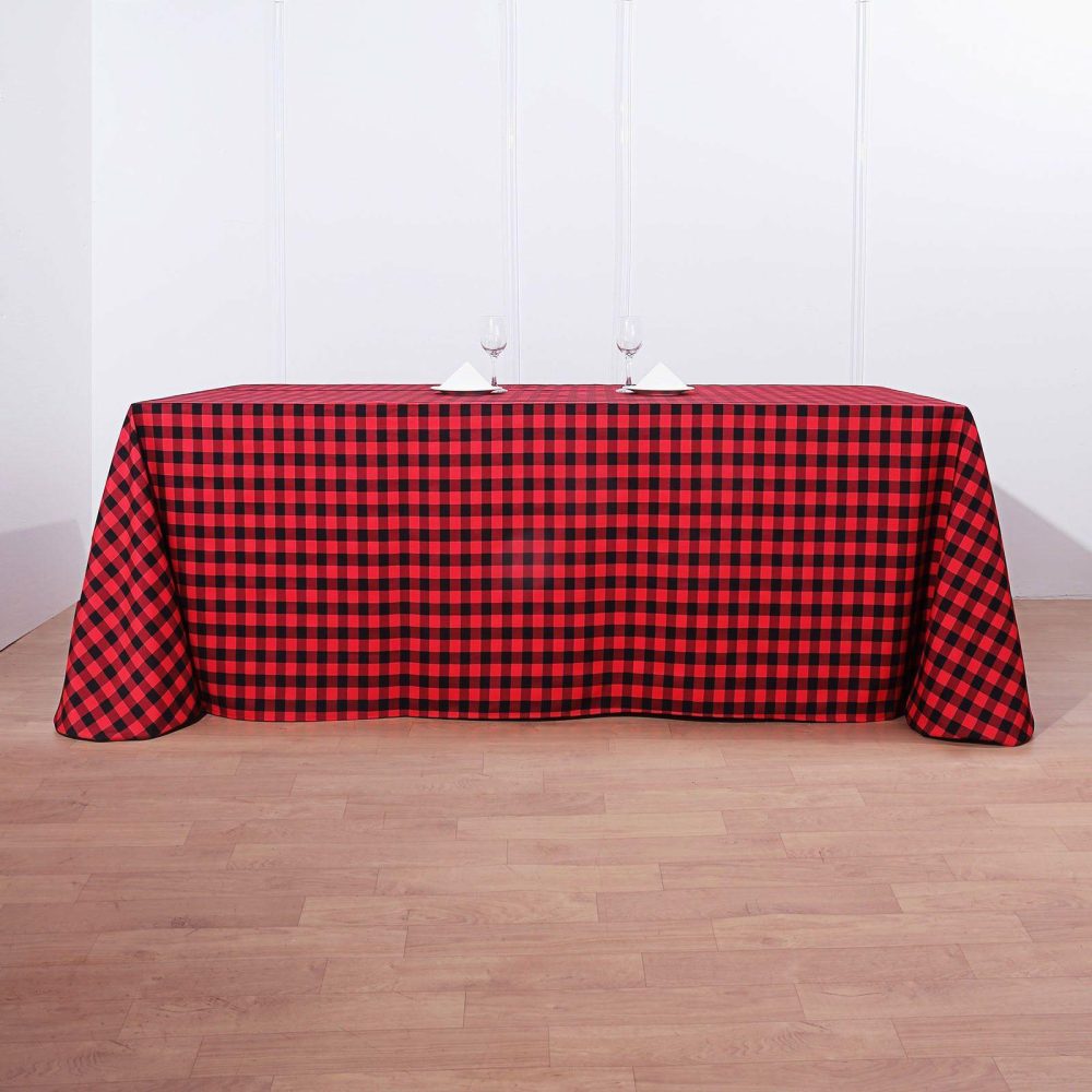 Black/Red Seamless Buffalo Plaid Rectangle Tablecloth, Checkered Polyester Tablecloth 90″x156″ for 8 Foot Table With Floor-Length Drop  |   Polyester Polyester Black/Red