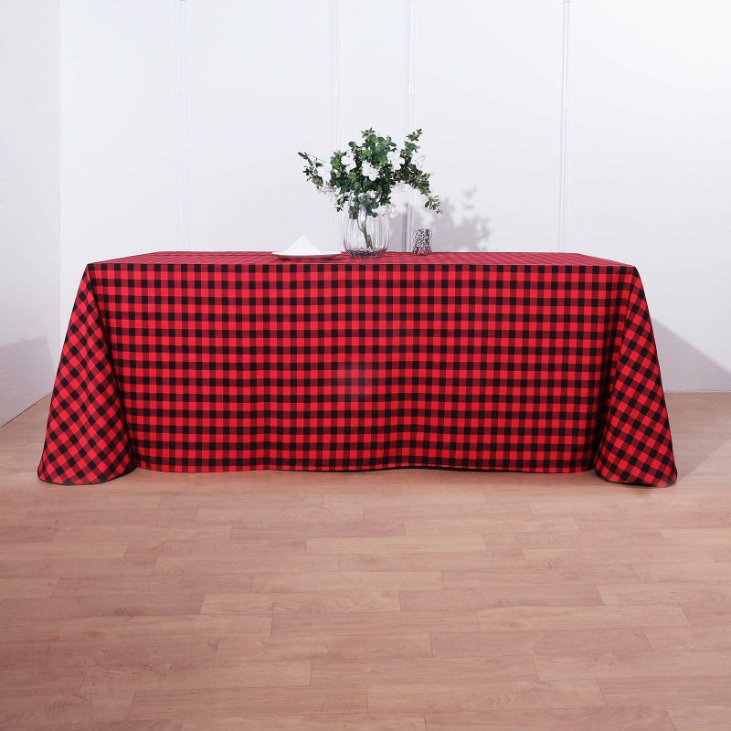 Black/Red Seamless Buffalo Plaid Rectangle Tablecloth, Checkered Polyester Tablecloth 90″x156″ for 8 Foot Table With Floor-Length Drop  |   Polyester Polyester Black/Red