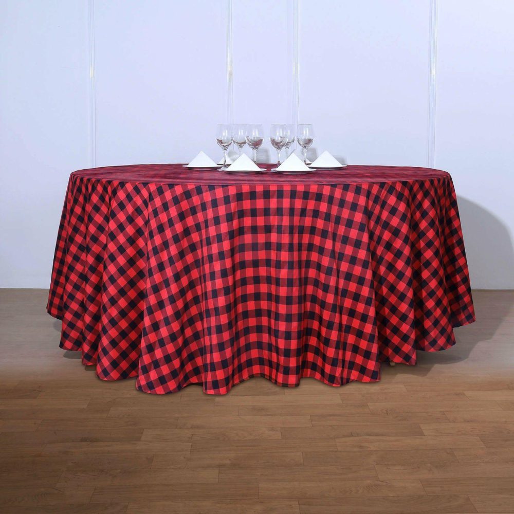 Black/Red Seamless Buffalo Plaid Round Tablecloth, Checkered Gingham Polyester Tablecloth 120″ for 5 Foot Table With Floor-Length Drop  |   Polyester Polyester Black/Red