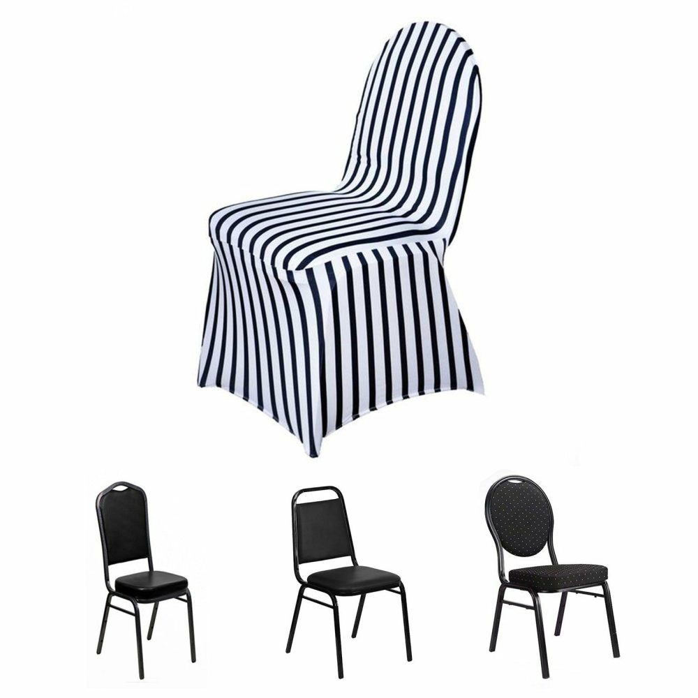 Black/White Striped Spandex Stretch Banquet Chair Cover, Fitted Chair Cover With Foot Pockets  |   Spandex Fitted Banquet Chair Covers Black/White Small Stripes