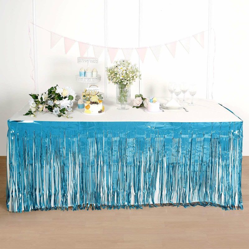 Blue Metallic Foil Fringe Table Skirt, Self Adhesive Tinsel Table Skirt 30″x9ft  |   Disposable Tablecloth Disposable Tablecloth Blue