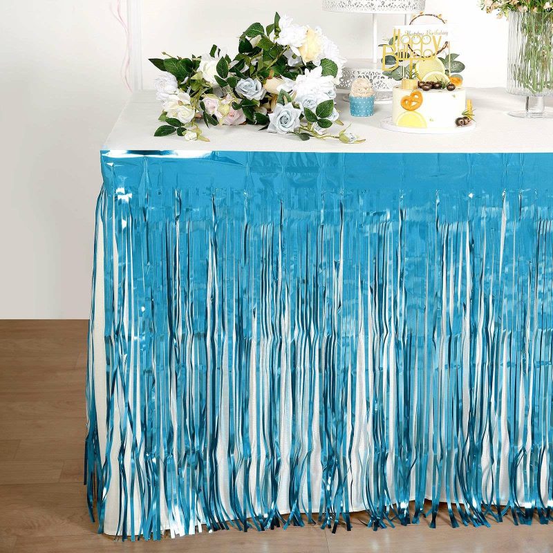 Blue Metallic Foil Fringe Table Skirt, Self Adhesive Tinsel Table Skirt 30″x9ft  |   Disposable Tablecloth Disposable Tablecloth Blue