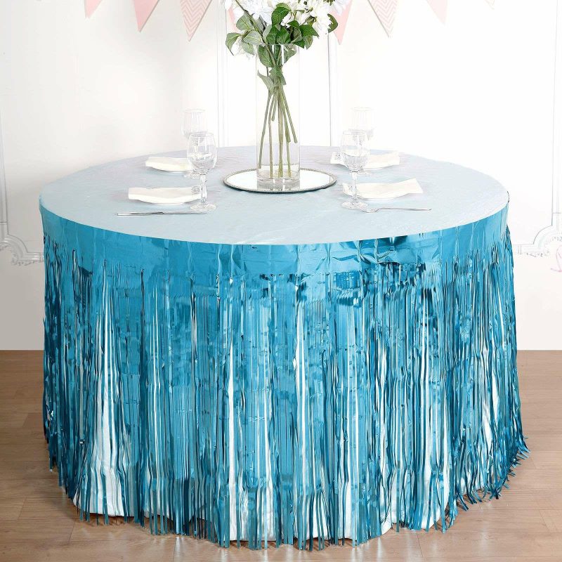 Blue Metallic Foil Fringe Table Skirt, Self Adhesive Tinsel Table Skirt 30″x9ft  |   Disposable Tablecloth Disposable Tablecloth Blue