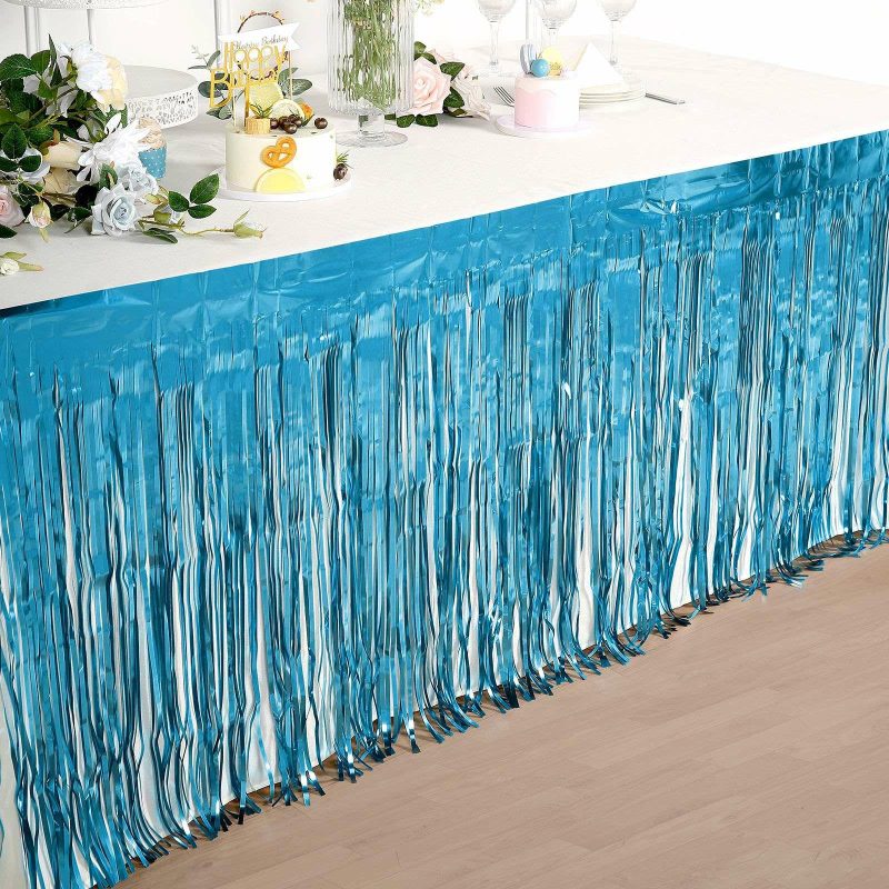 Blue Metallic Foil Fringe Table Skirt, Self Adhesive Tinsel Table Skirt 30″x9ft  |   Disposable Tablecloth Disposable Tablecloth Blue