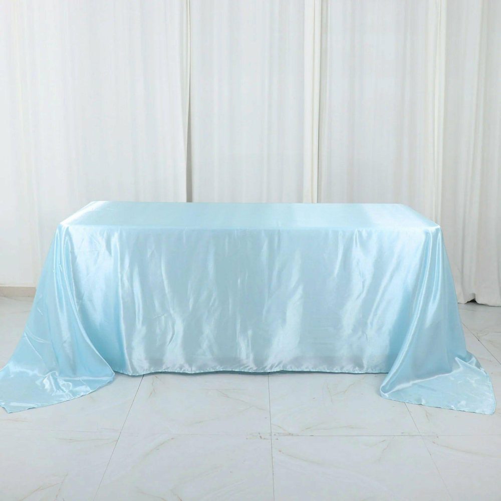 Blue Satin Seamless Rectangular Tablecloth 90″x132″ for 6 Foot Table With Floor-Length Drop  |   Satin Satin Blue