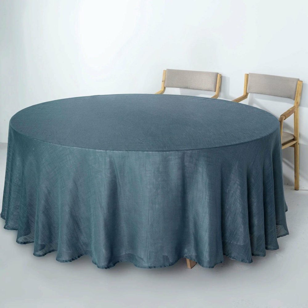 Blue Seamless Linen Round Tablecloth, Slubby Textured Wrinkle Resistant Tablecloth 108″  |   Jute Burlap & Lace Jute Burlap & Lace Blue