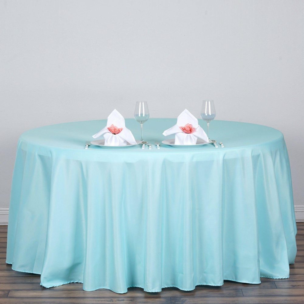 Blue Seamless Polyester Round Tablecloth 120″ for 5 Foot Table With Floor-Length Drop  |   Polyester Polyester Blue