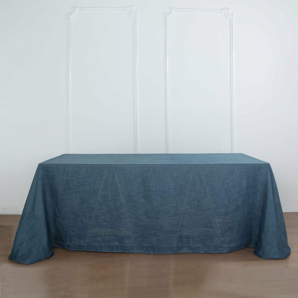 Blue Seamless Rectangular Tablecloth, Linen Table Cloth With Slubby Textured, Wrinkle Resistant 90″x132″ for 6 Foot Table With Floor-Length Drop  |   Jute Burlap & Lace Jute Burlap & Lace Blue