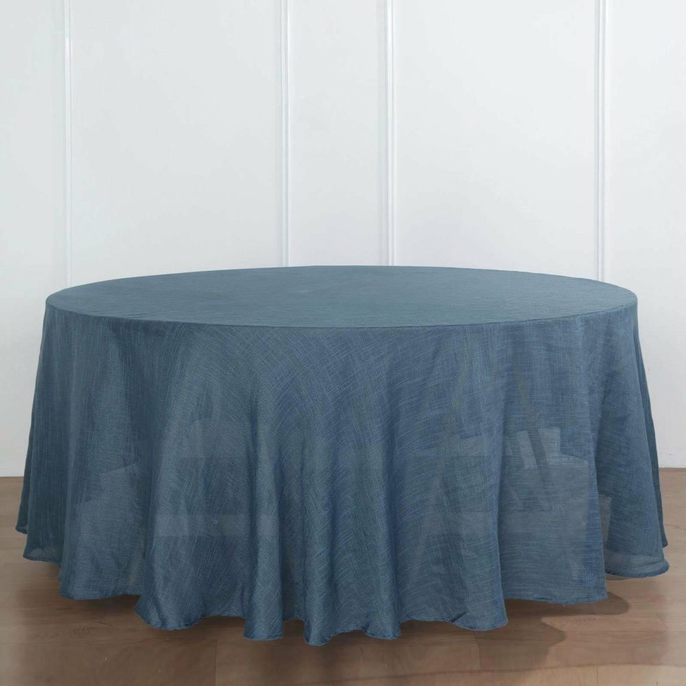 Blue Seamless Round Tablecloth, Linen Table Cloth With Slubby Textured, Wrinkle Resistant 120″ for 5 Foot Table With Floor-Length Drop  |   Jute Burlap & Lace Jute Burlap & Lace Blue