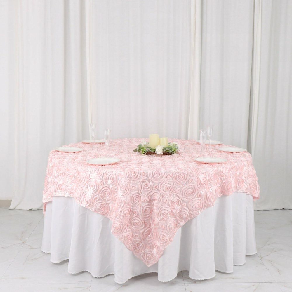 Blush 3D Rosette Satin Square Table Overlay 72″x72″  |   Satin & Taffeta Satin & Taffeta Blush