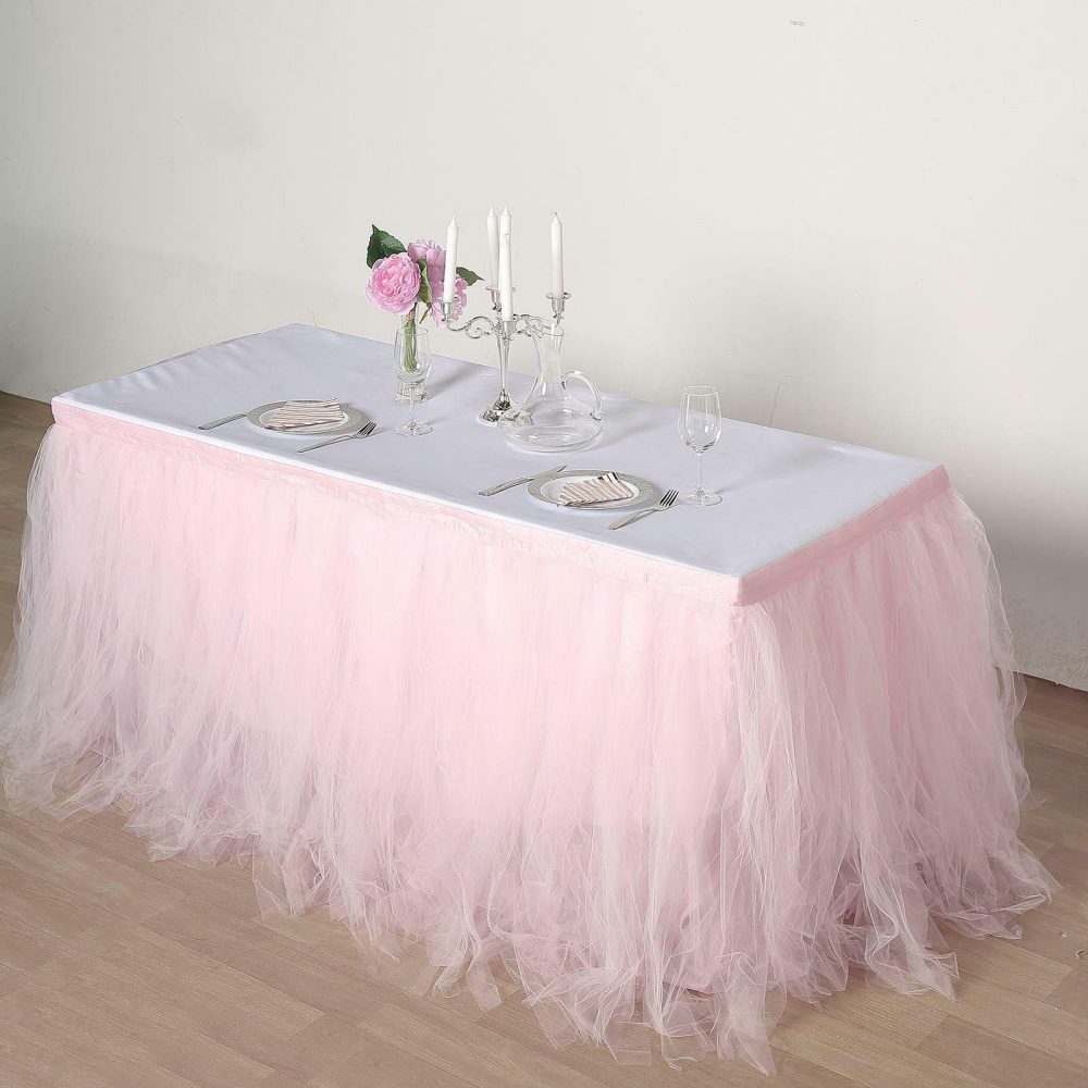 Blush 4 Layer Tulle Tutu Pleated Table Skirt 17ft  |   Ruffled Tulle Ruffled Tulle Blush