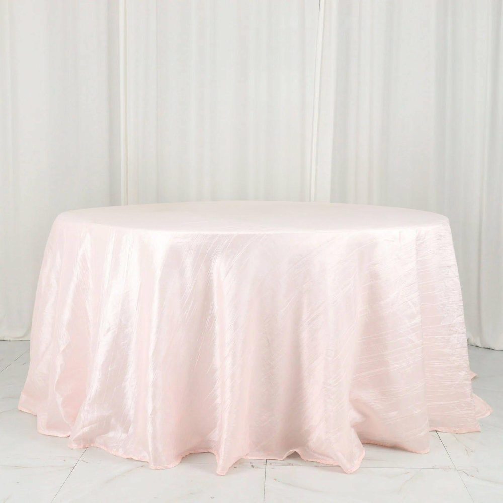 Blush Accordion Crinkle Taffeta Seamless Round Tablecloth 132″ for 6 Foot Table With Floor-Length Drop  |   Pintuck, Crinkle & Leaf Pintuck, Crinkle & Leaf Blush