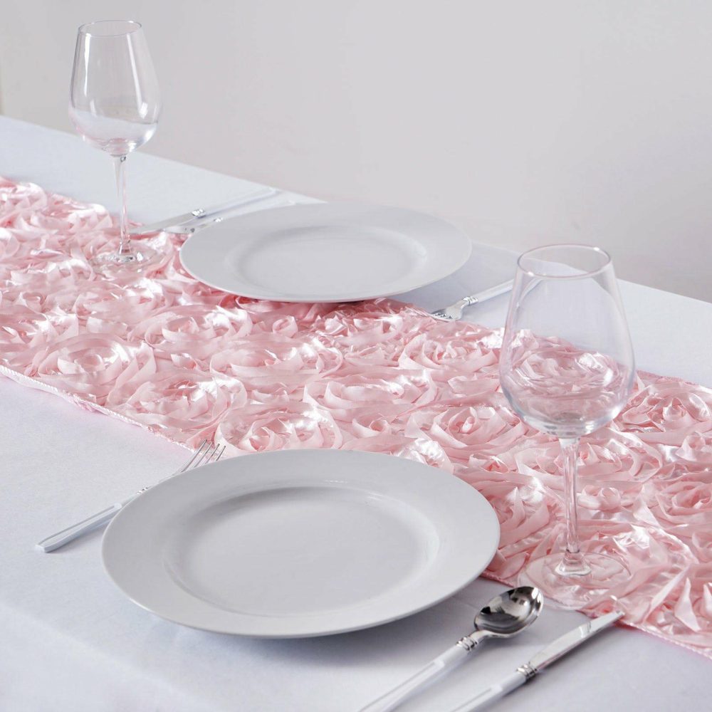 Blush Grandiose Rosette Satin Table Runner 14″x108″  |   Satin & Taffeta Satin & Taffeta Blush