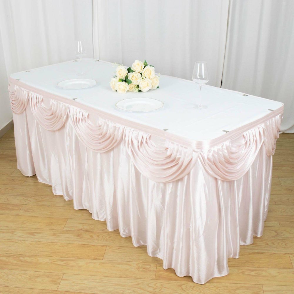 Blush Pleated Satin Double Drape Table Skirt 14ft  |   Satin Shimmer Satin Shimmer Blush