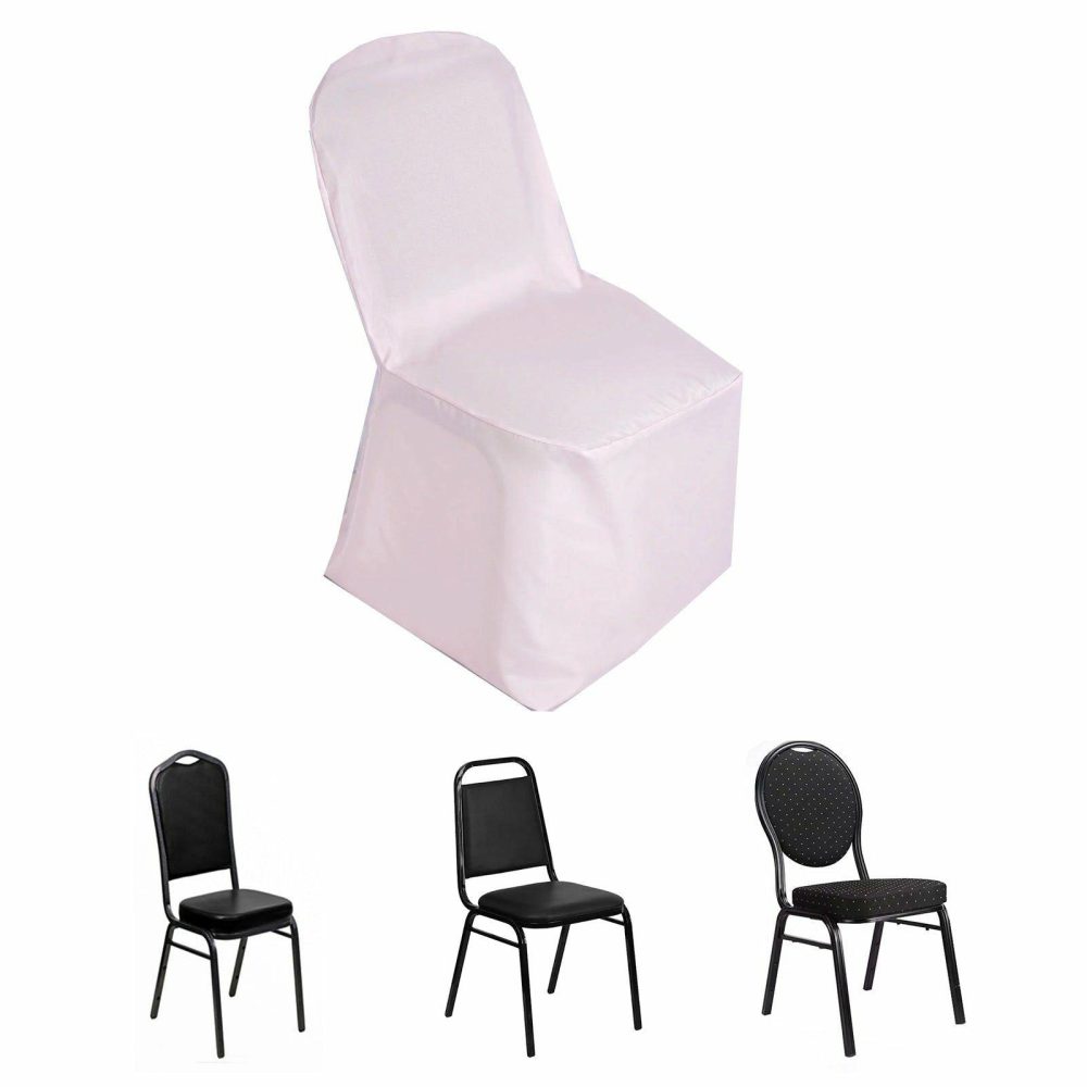 Blush Polyester Banquet Chair Cover, Reusable Stain Resistant Slip On Chair Cover  |   Polyester & Satin Banquet Chair Covers Blush