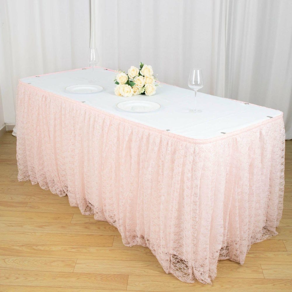 Blush Premium Pleated Lace Table Skirt 14ft  |   Jute Burlap & Lace Jute Burlap & Lace Blush