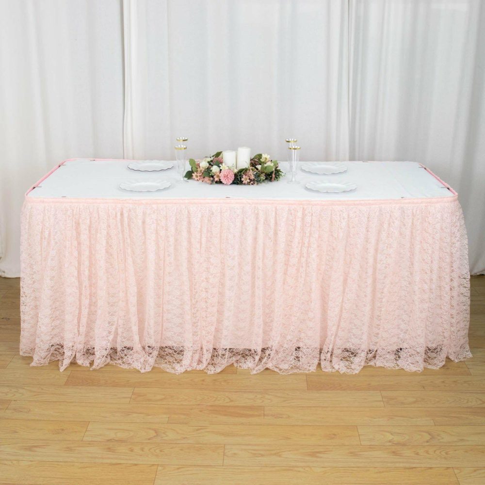 Blush Premium Pleated Lace Table Skirt 17ft  |   Jute Burlap & Lace Jute Burlap & Lace Blush