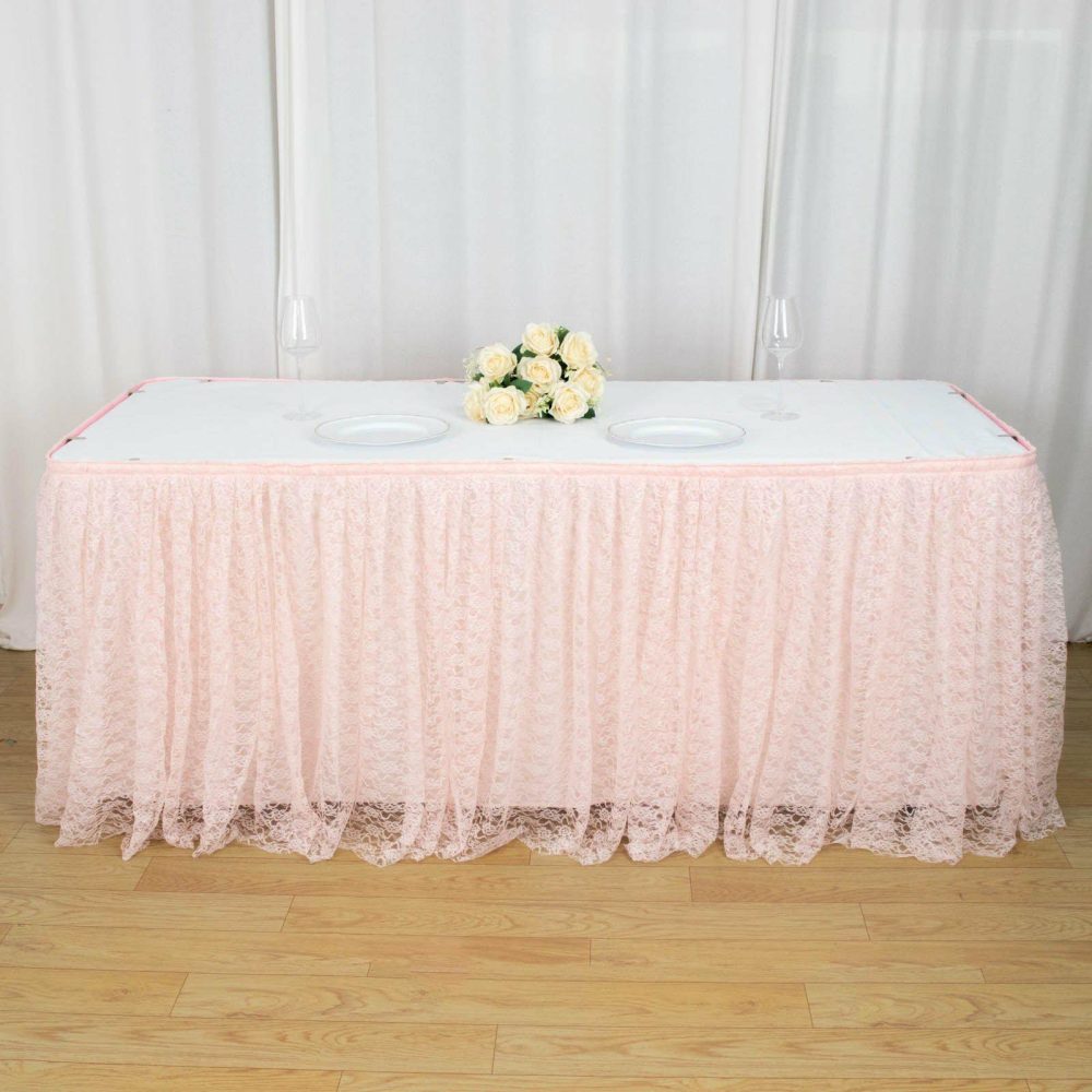 Blush Premium Pleated Lace Table Skirt 21ft  |   Jute Burlap & Lace Jute Burlap & Lace Blush