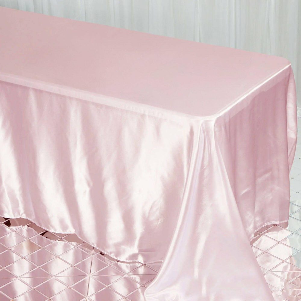 Blush Satin Seamless Rectangular Tablecloth 90″x132″ for 6 Foot Table With Floor-Length Drop  |   Satin Satin Blush