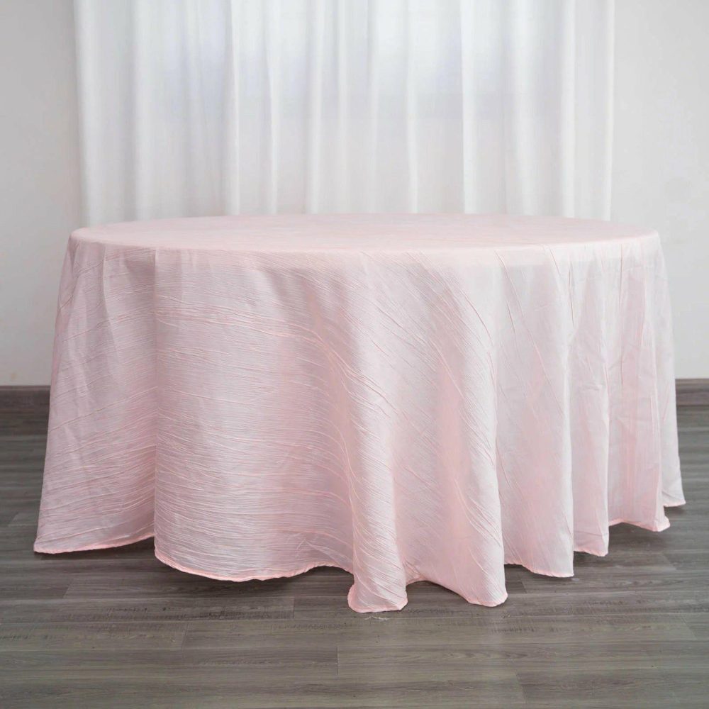 Blush Seamless Accordion Crinkle Taffeta Round Tablecloth 120″ for 5 Foot Table With Floor-Length Drop  |   Pintuck, Crinkle & Leaf Pintuck, Crinkle & Leaf Blush